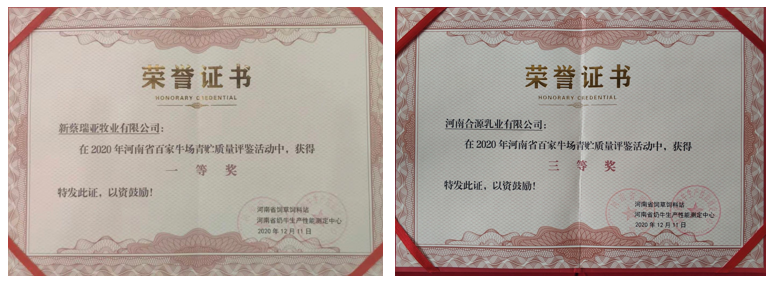 荣誉 | “百家牛场青贮质量评鉴活动”LD官方电竞（中国）有限公司官网新蔡瑞亚牧业、河南合源乳业分别荣获一、三等奖